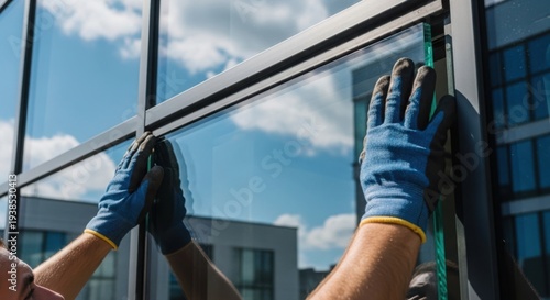 Hands in blue gloves perform window installation on building facade, setting transparent glass panel. Workers execute vital window installation for structure, ensuring secure fit.