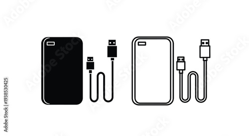 Two smartphones and usb cables a stark black graphic silhouette