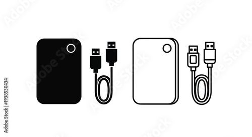 External hard drives and usb cables in a flat design silhouette