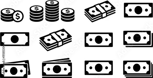 Money icon set. Cash money icon. Dollar bills icon. Vector Illustration.
