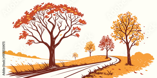 A serene autumn landscape with trees shedding their leaves on a quiet road Vector