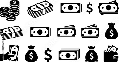 Money icon set. Cash money icon. Dollar bills icon. Vector Illustration.
