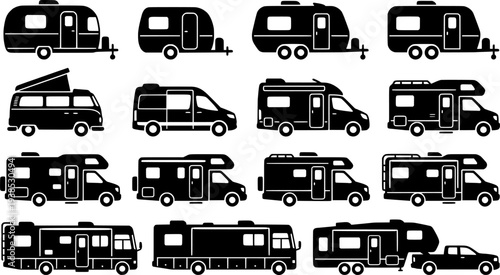 Set of icons camping car or trailer for camping in line style. Caravan icons in trendy line style.
