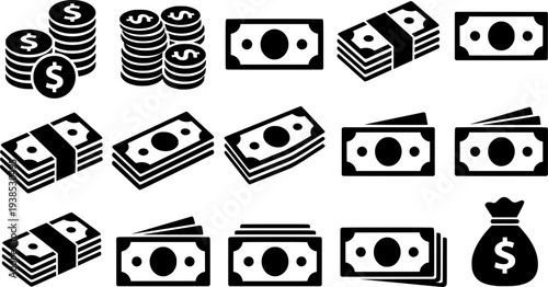 Money icon set. Cash money icon. Dollar bills icon. Vector Illustration.
