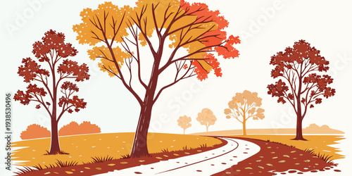 A serene autumn landscape with vibrant trees and a winding path. Vector
