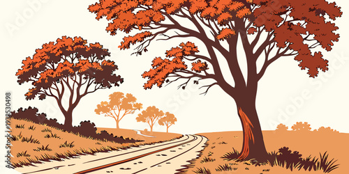 A serene landscape featuring a winding dirt path surrounded by tall trees Vector