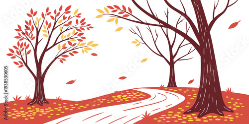 A serene autumn scene with trees shedding their leaves on a quiet path. Vector