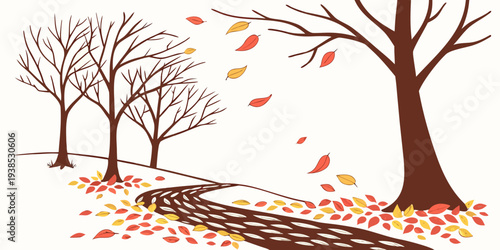 A serene autumn scene with trees shedding their leaves on a quiet path Vector