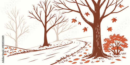A serene autumn scene with trees shedding their leaves and a squirrel gathering nuts Vector