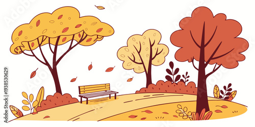 A serene autumn scene with vibrant yellow trees and a gentle breeze. Vector
