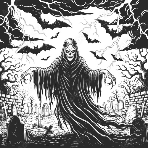 A chilling spectral figure emerges from a haunted graveyard under a stormy sky, surrounded by bats and tombstones, evoking an eerie sense of dread