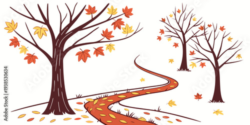 A serene autumn scene with trees shedding their leaves and a winding path Vector