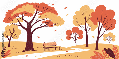 A serene park scene with colorful autumn trees and a wooden bench. Vector