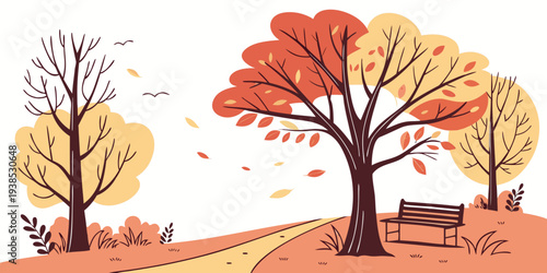 A serene autumn scene with two vibrant trees standing tall on a grassy hillside. Vector