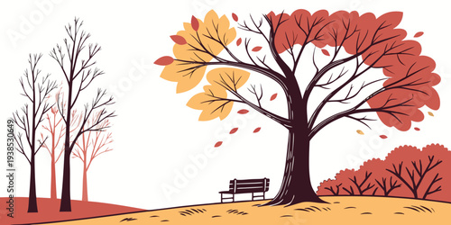 A peaceful scene of a deer grazing in a forest with vibrant autumn foliage. Vector