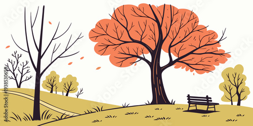 A vibrant autumn scene with a large tree and a group of deer in a field Vector