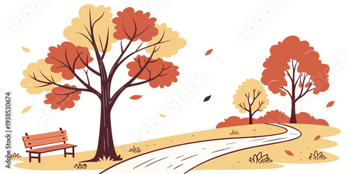 Two trees adorned with autumn leaves standing in a serene landscape. Vector