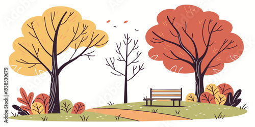 A serene park scene with vibrant trees and a bench in the distance. Vector