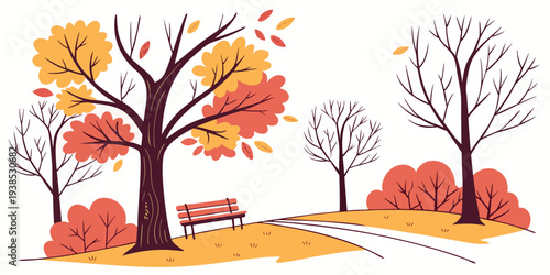 A serene autumn landscape with trees shedding their golden leaves Vector