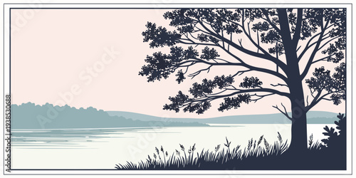 A serene tree stands tall by a tranquil lake under a soft blue sky. Vector