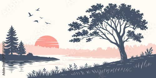 A serene sunset landscape with trees and birds in flight Vector