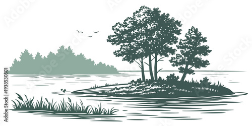 A serene landscape featuring a solitary tree near a tranquil lake Vector