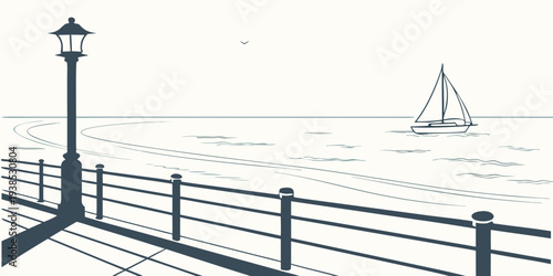 A serene sailboat glides across a calm body of water near a dock. Vector