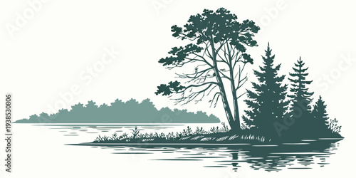 A serene landscape featuring a calm lake surrounded by lush trees and distant mountains Vector
