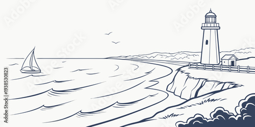 A serene seascape with a lighthouse guiding a solitary sailboat through calm waters Vector