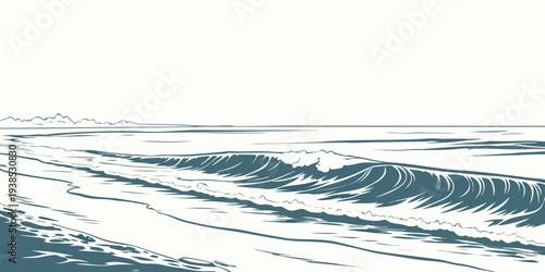 A vast ocean with waves crashing against the shore on a cloudy day. Vector