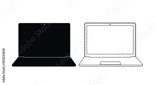 Two laptop illustrations one black and one white with a bold silhouette