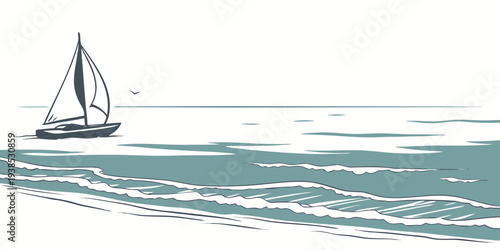 A serene sailboat gliding across calm waters under a clear blue sky. Vector