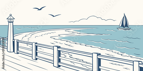 A serene coastal scene with sailboats and seagulls in the distance. Vector