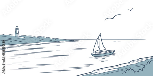 A serene sailboat glides past a lighthouse on a calm, blue sea under a clear sky. Vector