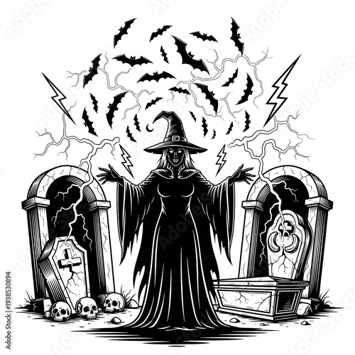Halloween Witch Surrounded by Bats and Tombs in a Spooky Graveyard Scene with Lightning