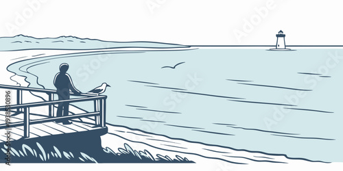 A serene beach scene with a person sitting on a bench overlooking the ocean. Vector