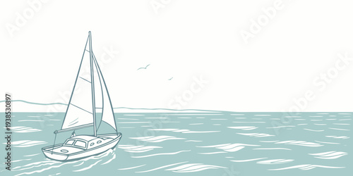 A serene sailboat gliding on calm, turquoise waters under a clear sky. Vector