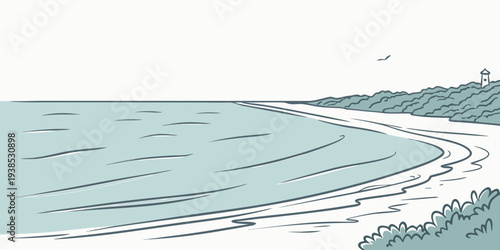 A serene beach scene with gentle waves and a clear blue sky Vector