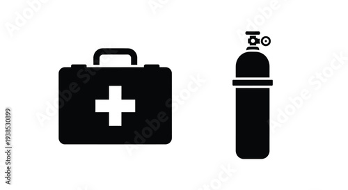 First aid kit and oxygen tank depicted in a bold silhouette