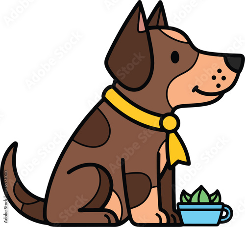 Brown dog with yellow collar sitting.