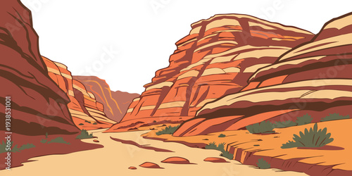 A vast desert landscape with towering red rock formations under a clear blue sky Vector