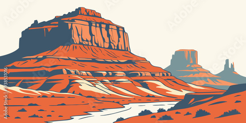 A vast desert landscape with towering red rock formations under a clear blue sky Vector