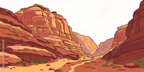 A vast desert landscape with towering red rock formations under a clear blue sky. Vector