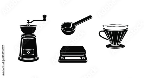 Coffee brewing equipment set in a stark black silhouette