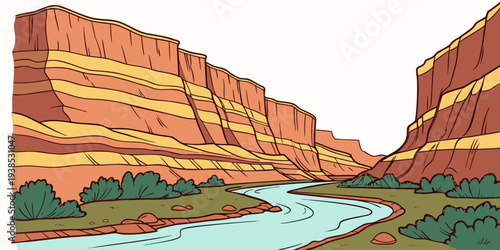 A serene river winding through a vast and rugged canyon landscape. Vector