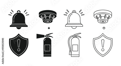 Emergency equipment icons including fire alarms and extinguishers silhouette