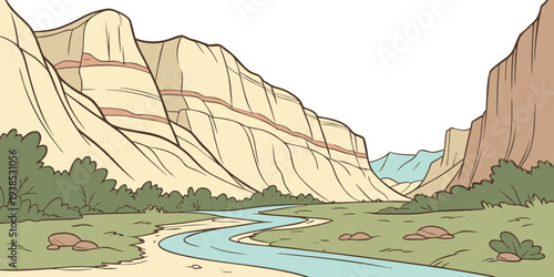 A serene river flowing through a majestic canyon with towering cliffs and lush greenery Vector