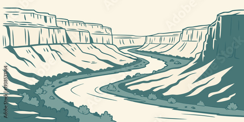A majestic river winds through a rugged mountain landscape under a cloudy sky. Vector