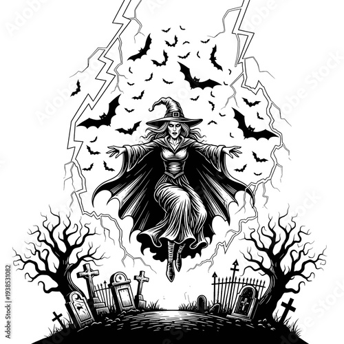 Powerful Witch Levitation Amidst Flying Bats and Crashing Lightning in a Haunting Graveyard Scene, Evoking Dark Fantasy and Halloween Spirit