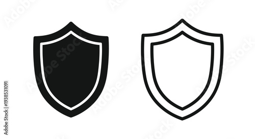 Two shield icons one filled and one outline in black and white silhouette